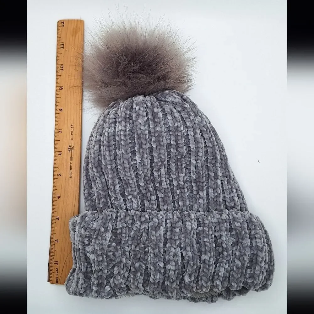 Gray Knit Beanie with Pom Pom Thermal Hat